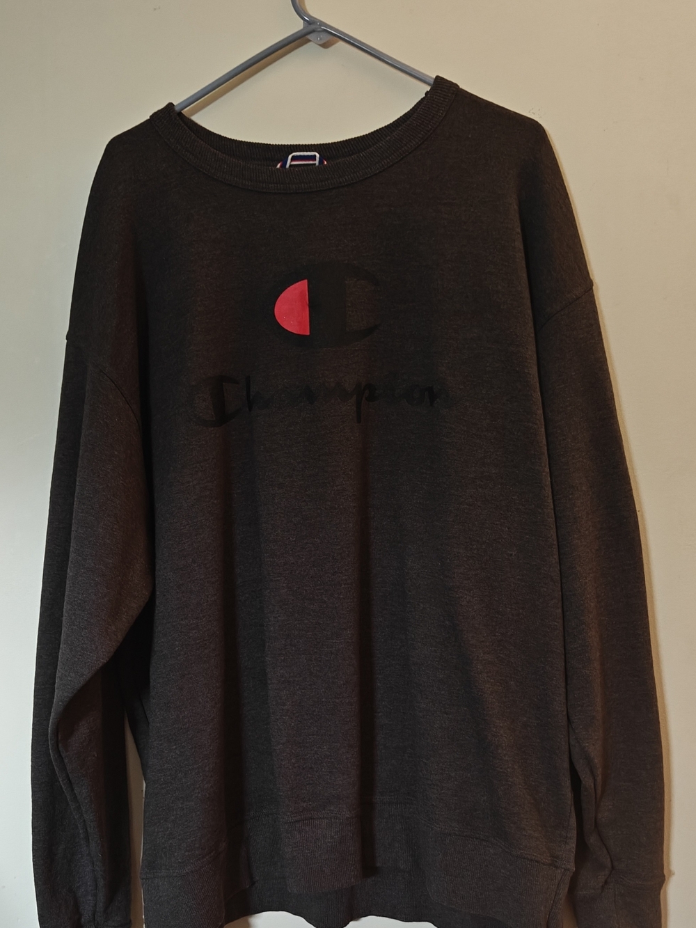 Champion Men's Crewneck Sweatshirt in Dark Charcoal with Red Logo